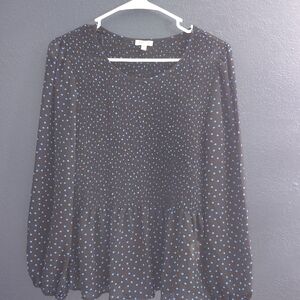 Lily White Sheer Black and Blue Polka Dot Blouse